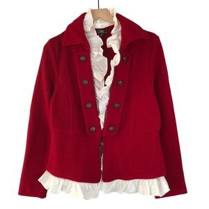 VTG‎ LISA INTERNATIONAL Boiled Wool Jacket Sz M Red Military Removable Ruffle